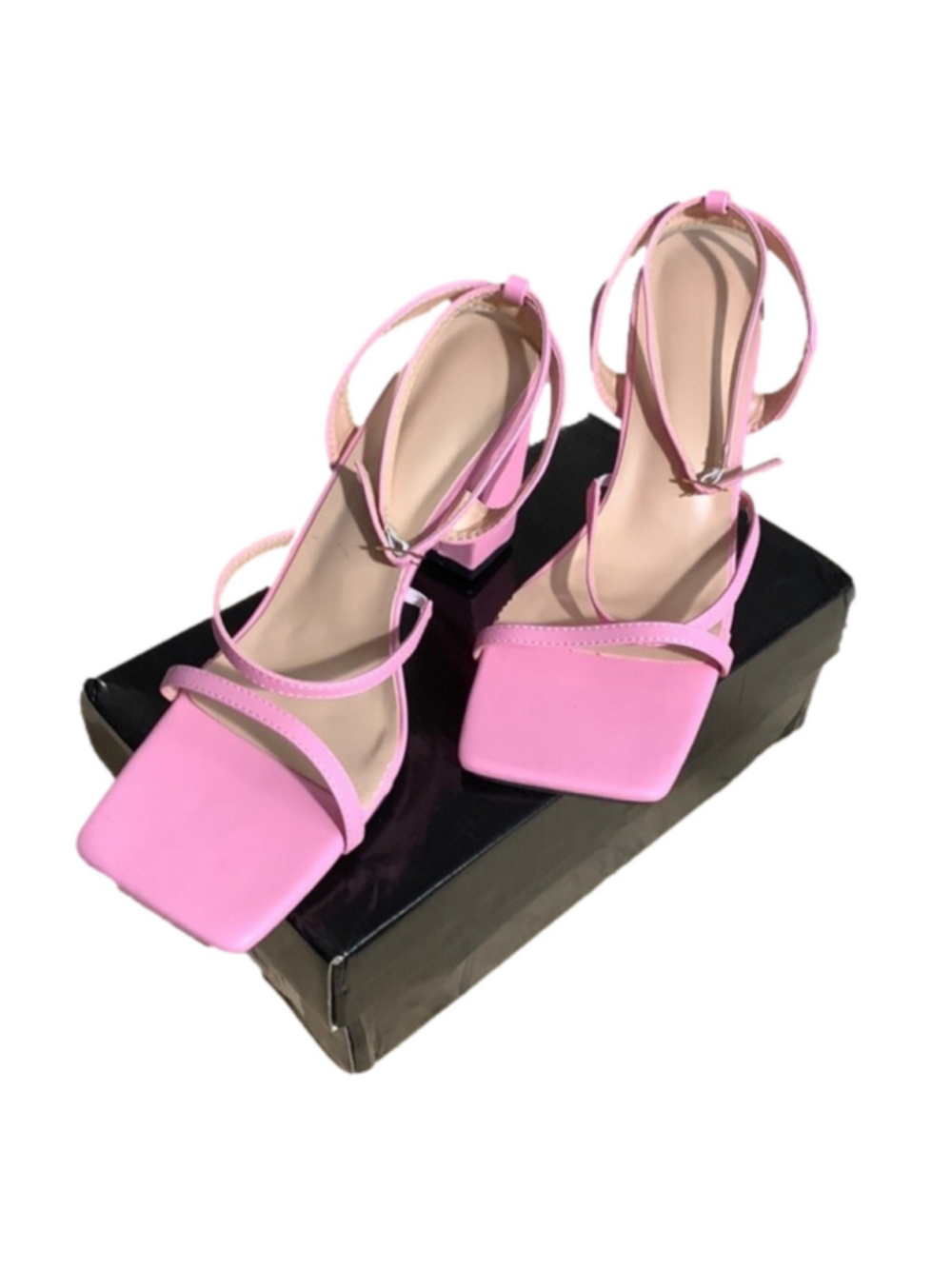 🔒 10 items for $20 - Strappy Pink square open toe party heels size 41